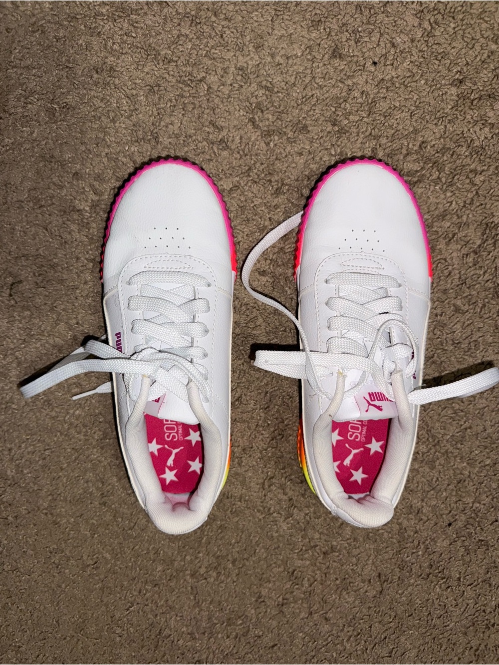 Puma White Low-Top Sneakers with Pink-Orange-Yellow Ombre Sole - Picture 4 of 5